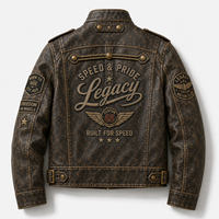 Blouson de motard en similicuir vieilli personnalisé, style Napoléon, avec multiples patchs brodés, col montant et boutons à bascule, manteau en cuir OEM