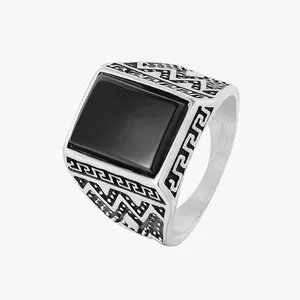 方形黑色宝石天然石材镶嵌 316L不锈钢男士戒指