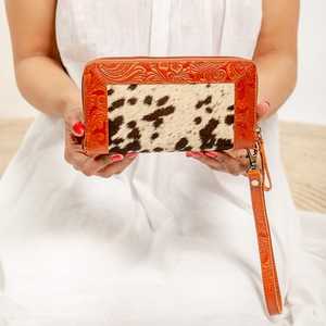 New Western Style Hair On Hide Colourful <b>Tooled</b> Fur Leather Clutch Women Designed Purse Hot Selling <b>Tooled</b> Leather Unique Wallet - Product Image 2