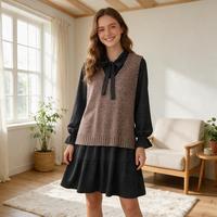 Ensemble 2 pièces pour femme automne : Gilet pull col en V et robe plissée à carreaux à manches longues avec nœud et poignets à volants