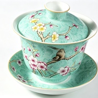 Gaiwan en porcelaine Famille Rose de qualité supérieure, style Sgraffito traditionnel, motif Sérénité Hivernale, tasse à thé Kung Fu avec couvercle et plateau, pour la préparation du thé et les aliments