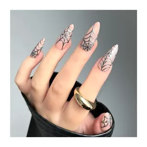 Simple Style Long Almond False Nails Nude Nails Tips Handmade Draw Silver Spider web Custom Logo Supplies OEM Press On Nails