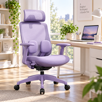 Chaise de bureau ergonomique en maille violette avec appui-tête réglable, coussin lombaire, dossier inclinable, siège coulissant et vérin à gaz pour bureau à domicile