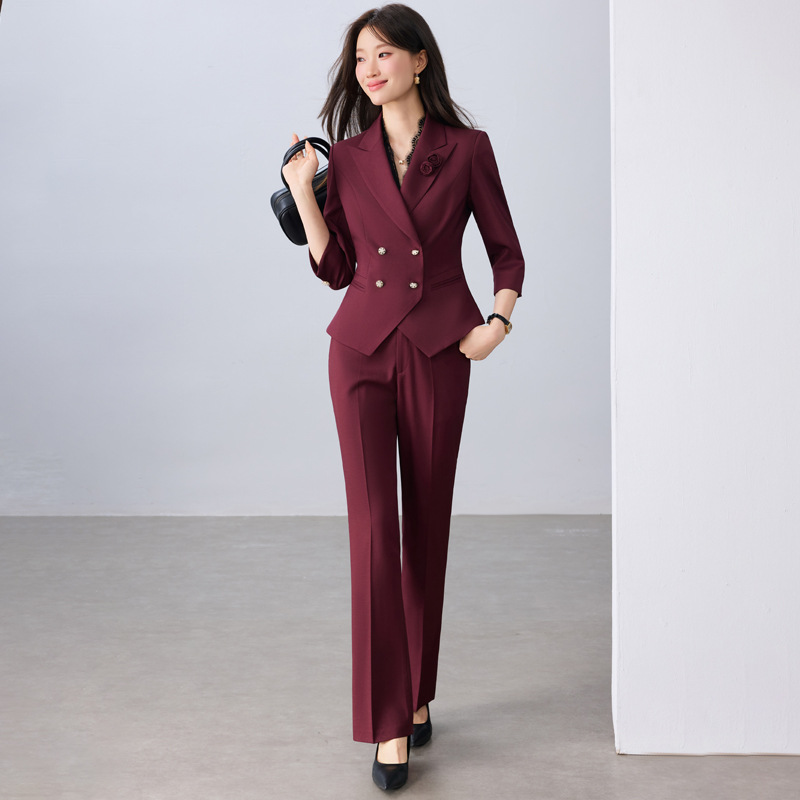 Maroon suit pants with floral pattern