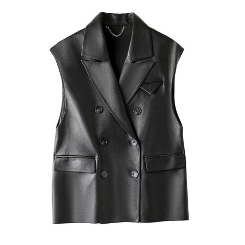 3115  High Quality Cozy Double Breasted Waistcoat Vintage Sleeveless Black Sheep Leather Vest