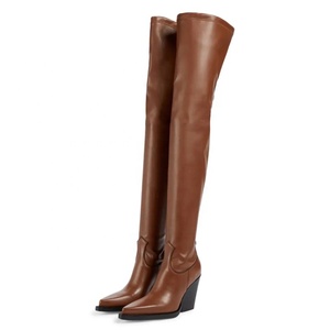 Bottes en cuir véritable populaires automne-hiver 2021, bout pointu, bottes sexy à hauteur de cuisse pour femmes, talon carré haut, taille plus 46 - Product Image 4