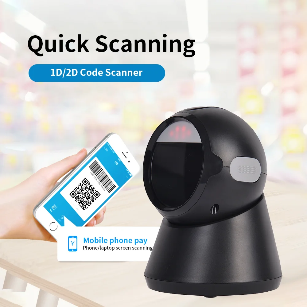 1D 2D Desktop Barcode Scanner Omnidirectional for Supermarket Phone Screen Hands-Free Automatic Sensing USB Barcode Platform