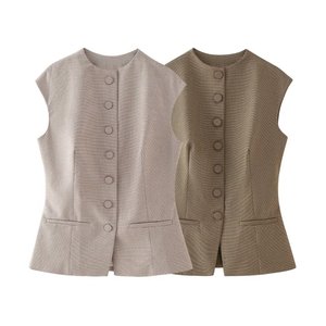 New Arrival Plaid Button up Sleeveless Slim Fit Daily Women Vest Tops Fashion - Product Image 2
