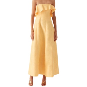 Meilleure vente mode dames jaune volant décontracté sans manches lâche et élégant femmes jaune une épaule lin robe mi-longue - Product Image 4