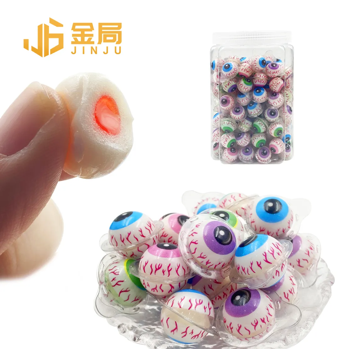 Nuevo Halal 2G Eye Ball Gummy Jelly Confitería Precio de fábrica Sabor a fruta Poppy Eyeball Gummy Filling Candy en botellas