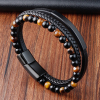 Pulsera de Cuero con Piedra Volcánica Natural para Hombre, Brazalete de Cuero Trenzado Multicapa Rojo y Amarillo, Joyería Masculina Magnética de Acero Inoxidable