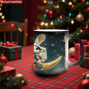Blank Mug 11oz Frosted Black <b>Ceramic</b> Heat Activated <b>Cup</b> With Astronaut Bunny Design 2D Flat Painting - Product Image 2