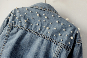 Custom Text Embroidery Logo Plus Size <b>Women</b> Pearl Denim <b>Jacket</b> Long Sleeve Beads <b>Women</b> Denim <b>Jacket</b> <b>Spring</b> and Autumn Coat - Product Image 5