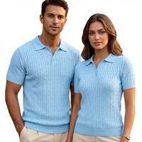Chemise à manches courtes en tricot bleu clair pour homme, boutonnée sur le devant, couleur unie, décontractée, respirante, en polyester, logo personnalisé, coupe classique pour le golf