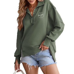 Mujeres invierno cuello en V de gran tamaño lado Split Stitch pulóver bordado personalizado ropa de calle de un solo pecho sudaderas 100% algodón - Product Image 5