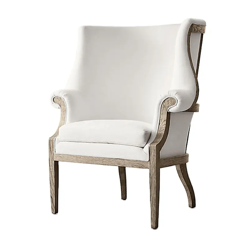 새로운 디자인 홈 유럽 스타일 거실 솔리드 오크 프레임 패브릭 윙백 암 의자 악센트 의자
