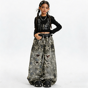 Set Pakaian Streetwear Anak Perempuan, Atasan Crop Top Vest dan Celana <span class=keywords><strong>Jeans</strong></span> Kaki Lebar, Outfit Hip Hop untuk Anak-anak, Dapat Dikustomisasi (OEM) - Product Image 1