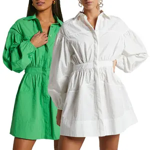 2024 Hochwertiges individuelles Sommer Damenhemd Minikleid langes Puffärmel solide Farbe Baumwolle geknöpftes Damenhemd Kleid