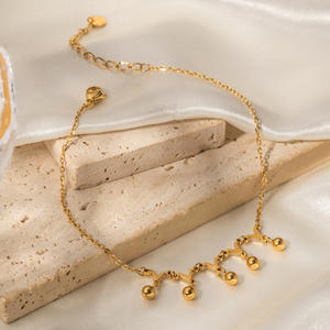 Cavigliera a catena in acciaio inossidabile piantato in oro 18 carati estivo cavigliera a forma di Y con ciondolo a sfera piccola per donna - Product Image 4