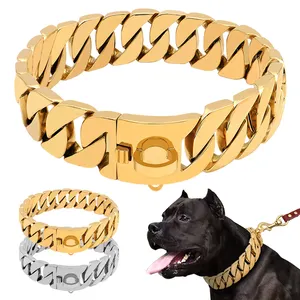 halsband hund Suppliers-15mm 19mm 32mm Breite Stahl Heavy Duty Gold Cuban Link Hunde ketten halsband Choker Halskette Leine Hunde kette für Hunde-und Leinen halsbänder