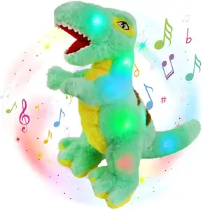 Kustom Menyala Musik T-rex Boneka Dinosaurus Tyrannosaurus Mainan Mewah Lembut dengan Lampu Malam LED Lagu Pengantar Tidur Bersinar Dalam Gelap Gif