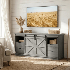 Factory Direct TV Console With Sliding Barn Doors, Modern Farmhouse Charm Stand with 4 Drawers, Living Room <b>Cabinet</b> - Product Image 1