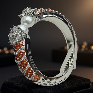 Luxury <b>Silver</b> Plated Brass Bangle <b>Bracelet</b> Orange CZ Cubic Zirconia Pearl <b>Cuff</b> Open Adjustable Indian Fashion Jewelry - Product Image 2