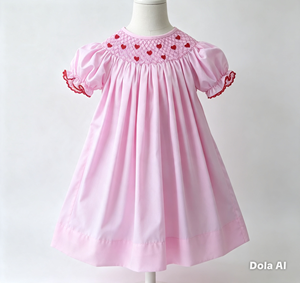 Robe rose smockée à la main avec broderie cœur rouge, manches volantées, collection Sweetheart pour bébés, tout-petits et enfants - Product Image 1