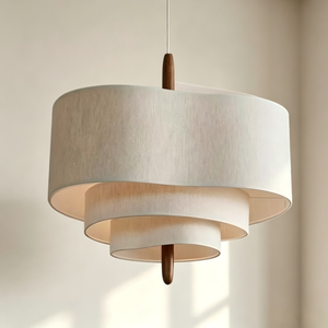 Lámpara Colgante Redonda de Tela Francesa Retro, Lámpara de Techo con Acabado de Madera para Sala de Estar y Comedor - Product Image 1