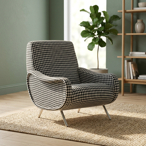 Modern Fabric Leisure Chair With Metal Legs Checkered Pattern Solid Back Midcentury Design Living Room Furniture - Product Image 2