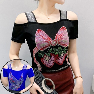 T-shirt da <span class=keywords><strong>donna</strong></span> personalizzata <span class=keywords><strong>con</strong></span> strass a fragola, sexy, <span class=keywords><strong>con</strong></span> spalle scoperte, luccicante, <span class=keywords><strong>con</strong></span> paillettes, a maniche corte, per discoteca e feste - Product Image 1