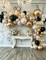 Kit d'arche de ballons doublement garnis personnalisés en noir, or et blanc avec ballons à confettis pour anniversaire, remise de diplôme
