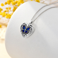 Vente en gros de collier médaillon photo gravé en forme de cœur de papillon en émail en argent sterling S925