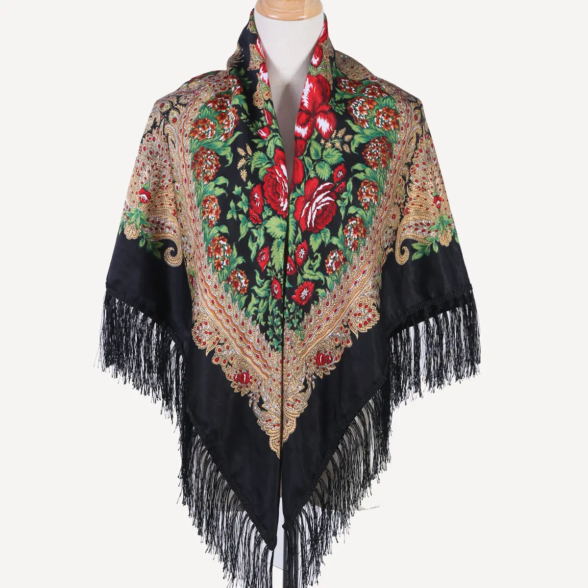 Wholesale 2024 new ladies traditional retro floral scarf ethnic style floral printed long tassel women's square scarf 110*110