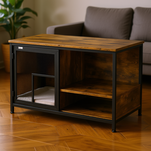 Table d'appoint rustique en bois brun et acier avec portes coulissantes, niche pour chat, cage pour animaux de compagnie, meuble confortable et élégant - Product Image 2