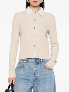 Cárdigan de Punto Transpirable para Mujer, Color Caqui, con Cuello Desmontable con Adorno de Perlas, Estilo Informal, Abertura Frontal, para Primavera - Product Image 2