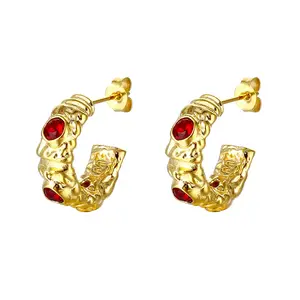 Wholesale Custom Red Gems Ruby Zircon Stainless Steel Jewelry Ear Stud C-Type Gift 18k Gold Plated Hoop Earrings For Women