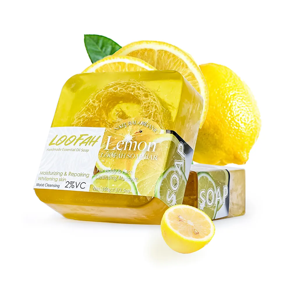 Özel etiket 100G nemlendirici dengesi su yağı, Anti akne beyazlatma sabunu Bar limon lif kabağı sabunu