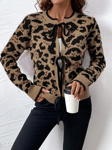 Suéter de Punto con Estampado de Leopardo y Lazo, al por Mayor, Nuevo, Cárdigan de Manga Larga con Cuello Redondo para Otoño e Invierno - Product Image 3