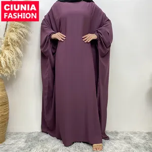 6689# Latest Simple Ramadan Design Batwing Sleeves Elastic Cuff New Nida Prayer Dress Women Eid Fashion Muslim Islamic Abaya