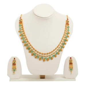 Gold Multi Layer Green <b>Bead</b> and Pearl Necklace <b>Set</b> with Matching Earrings for Women Traditional Wedding Festive Ethnic - Product Image 3
