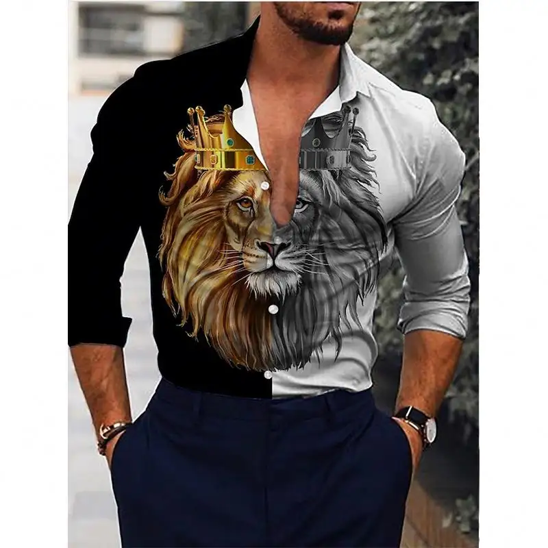 Custom LOGO Lion Printed Men's Shirts 2023 New Fashion Long Sleeve Shirt Plus Size Single Button Turn Down Spring Men Clothing