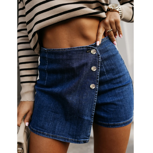 Shorts de Mezclilla Azules de Cintura Alta Shewin 2025 para Mujer, Diseño Asimétrico con Botones, Casuales para Verano - Product Image 1