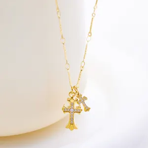 XIXI Zircon Chain Non Tarnish Gift 18k Gold Plated Stainless Steel Christian Religion Cross Pendant Fashion Jewelry Necklaces