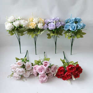 Ramo de <span class=keywords><strong>flores</strong></span> de seda de 9 cabezas de alta calidad, ramo de rosas de <span class=keywords><strong>flores</strong></span> artificiales de alta calidad <span class=keywords><strong>con</strong></span> hierba, venta al por mayor - Product Image 1