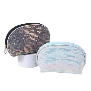 Sac à cosmétiques portable avec fermeture éclair, paillettes brodées, design semi-rond, pochette de maquillage pour femmes - Product Image 1