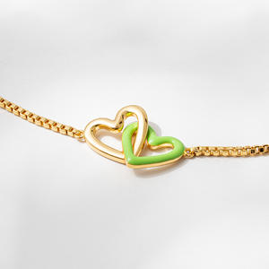 Fashion <b>14K</b> <b>Gold</b> Plated Enamel Interlock Heart Pendant Box Chain Slider <b>Bracelet</b> Double Heart Epoxy Pendant <b>Bracelet</b> Jewelry - Product Image 2