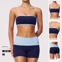 Set Yoga Tanpa Tali Baru, Solid, Angkat Bokong, Kontrol Perut, Celana Pendek Yoga Bernapas, Setelan Olahraga Fitness, Logo Depan