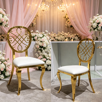 Chaise de banquet de luxe en acier inoxydable doré, chaise de salle à manger décorative à dossier rond, chaise de mariage rembourrée pour mobilier d'événements hôteliers