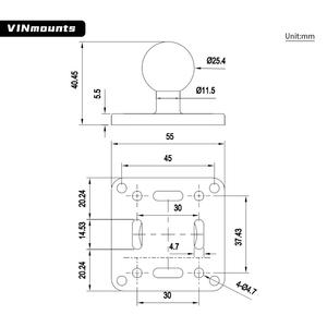 VINmounts Support 1" tête sphérique, espacement trous 37.5*30mm, base carrée en aluminium pour dispositif  VIN-B-004 - Product Image 2
